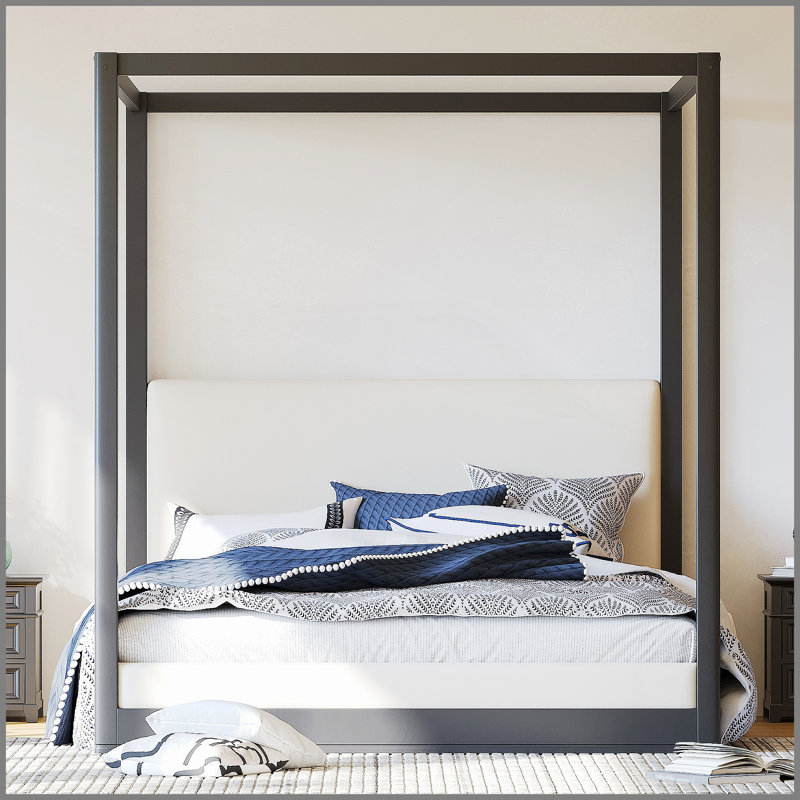 Lit plateforme à baldaquin en bois grand avec tête de lit tapissier, structure noire et tissu blanc, Queen, Black