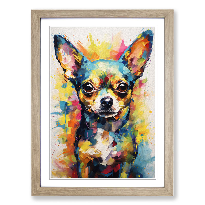 Chihuahua Action Painting No.4 - Single Picture Frame Print on Wood, 64cm H x 46cm W x 2cm D, Oak