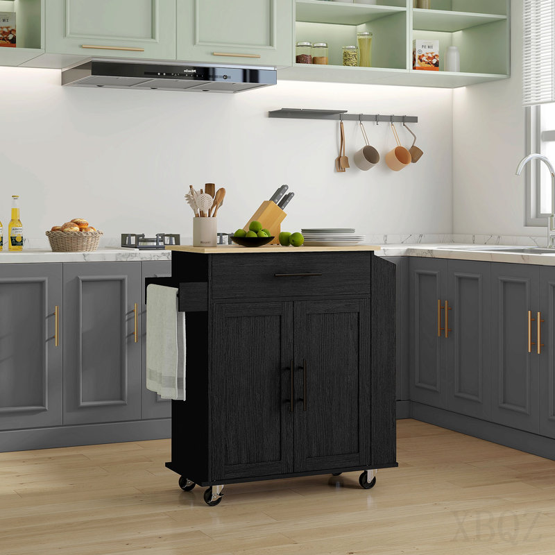 Kitchen Island with Storage, Rolling Kitchen Cart with AC Outlets and USB Ports, Microwave Stand with Towel and Spice Rack, Black