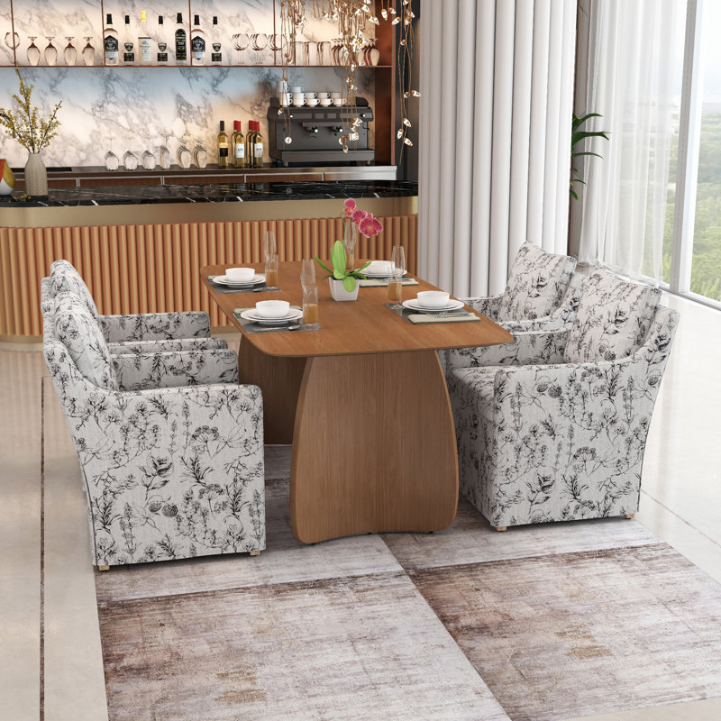 5-Piece Dining Set Mid-Century Modern Wooden Table & Upholstered Chair Set For Home, Kitchen, Dining Room, Blue Flower