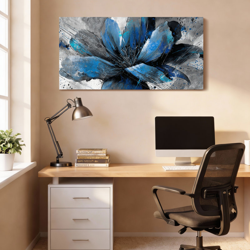 «Blue Abstract Flower», ensemble de 1 reproduction d'art sur toile tendue sur toile, H 20 po x l 40 po