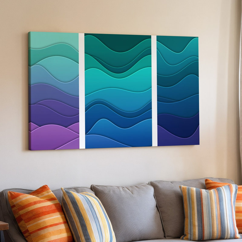 Reproduction d'art abstrait numérique sur toile avec une série de rayures murales ondulées dans des nuances variées de sarcelle turquoise