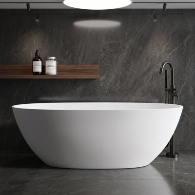 57 Inch Oval Freestanding Bathtub Solid Surface Soaking Tub Matte White