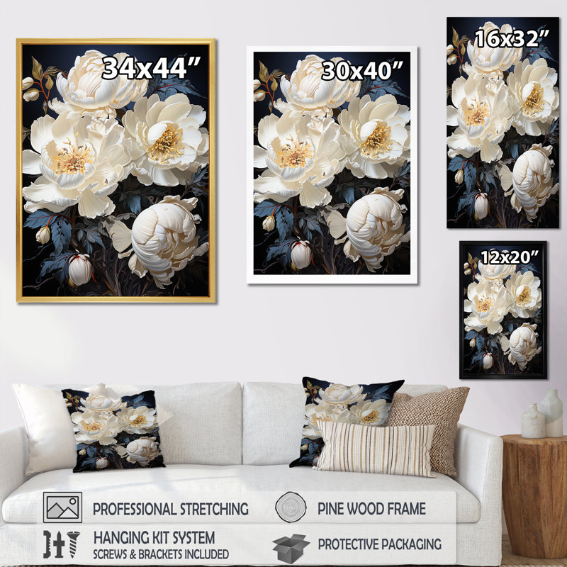 Beige Whispers Of Peony sur impression sur toile, Cadre flottant noir, H 40 po x l 30 po x P 1,5 po