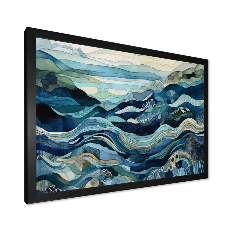 Vagues bleues dorées sur toile, Cadre photo noir, H 12 po x l 20 po x P 1 po