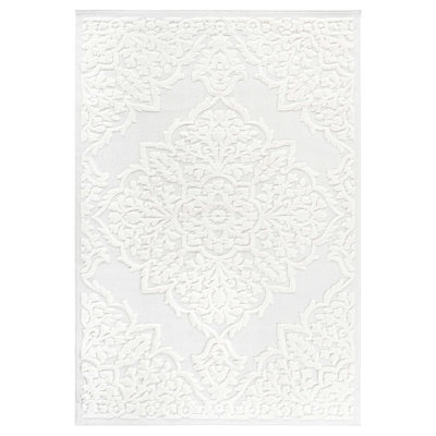 Tapis d'intérieur crème / crème Step Collection High-Low Medallion, moderne, contemporain, géométrique, bohémien, chambre à coucher, cuisine, salon, tapis sans perte de poils