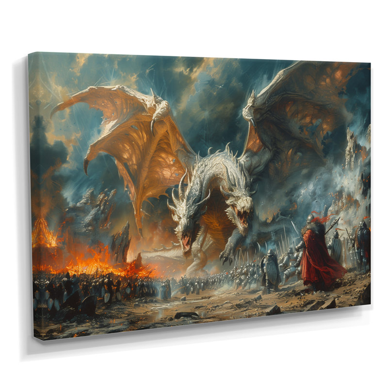 Epic Battle Between Dragons And Soldiers II - Dragons Wall Art Living Room, Wrapped Canvas, 40" H x 60" W x 1.5" D