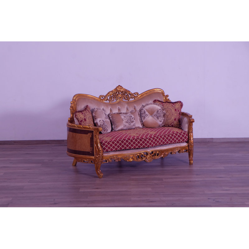 3 Piece Modigliani Sofa Red Gold Fabric, Red Burgundy/Gold