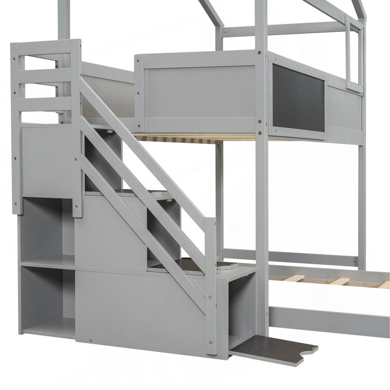 Twin Over Full House Bunk Bed With Storage Staircase And Blackboard, Gray
