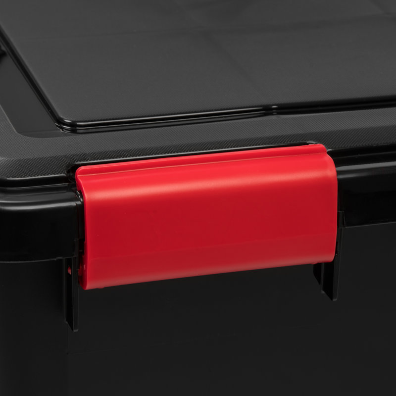 Black and Red Stackable WeatherPro Plastic Storage Bins with Lids, 19.7 in