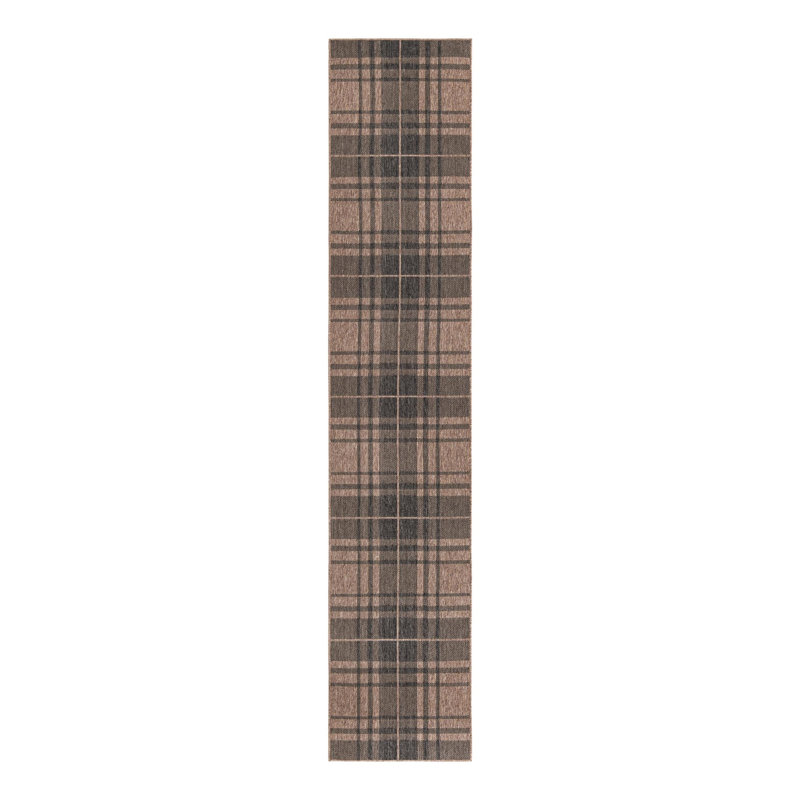Tatasha Plaid Power Loom Polypropylene Plastic Indoor/Outdoor Area Rug in Black/Brown, Runner 2'7" x 13'1"