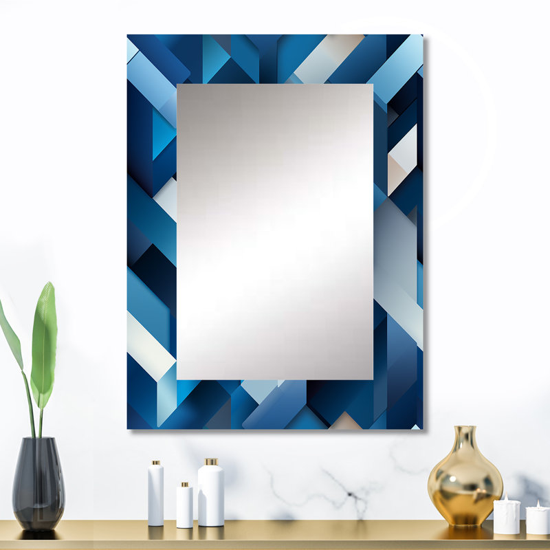 Minimalist White And Blue Polygons Geometric - Geometric  Mirror, Modern Decorative Wall Mirror, Printed Metal Art, 32" x 24"