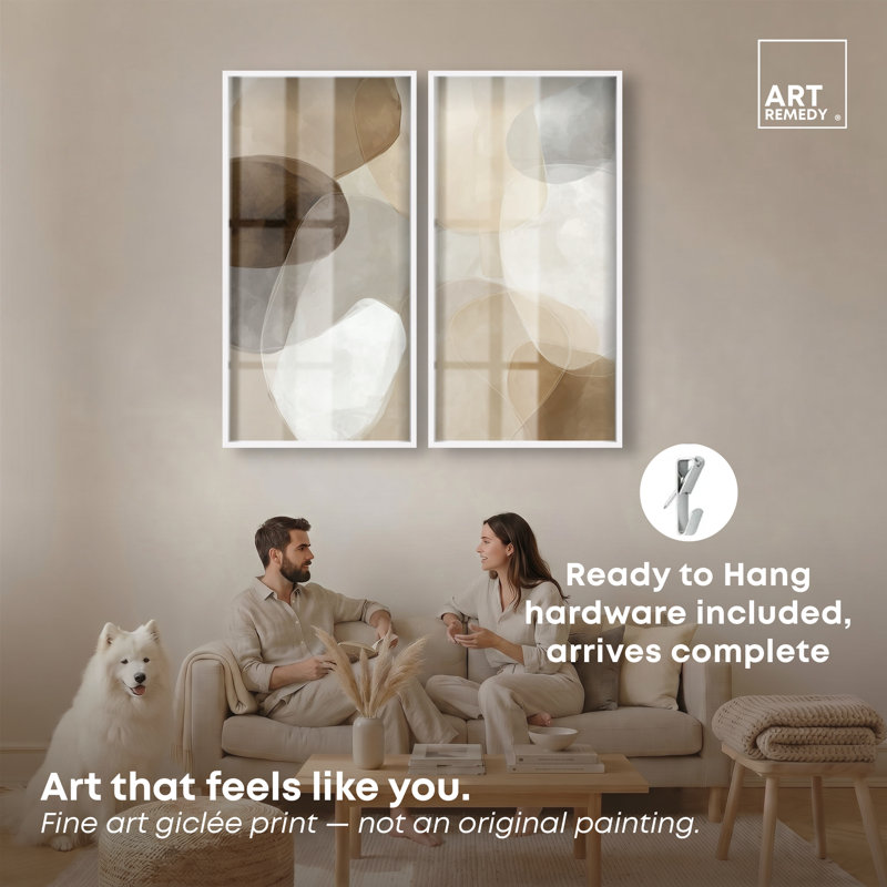 Ensemble d'art mural pour salon « Soft Overlap I Shadowbox Print » par Art Remedy, cadre blanc, 24 x 48, Cadre blanc