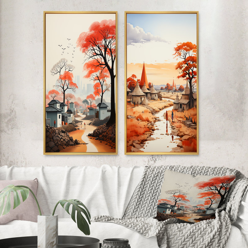 «Peach Gray African Village Visions», 2 pièces, Encadrement doré, H 20 po x l 24 po