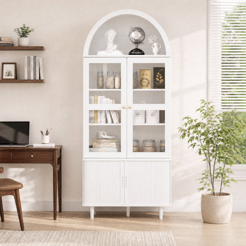 Bibliothèque 71 po, armoire de rangement cannelée haute avec portes en verre et portes à tambour coulissantes et tablettes réglables pour le salon, la cuisine et la salle à manger