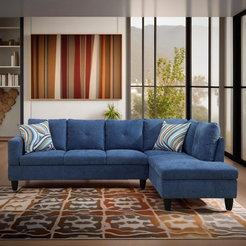 103" Monaco Navy Blue Linen 2-Piece Sectional Sofa Set With Chaise, Navy Blue Linen, Right Hand Facing