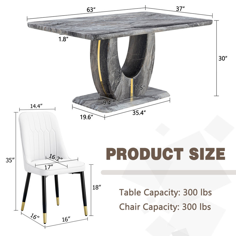 63" Modern Gray Dining Table Set With PU Leather Chairs, U-Shaped MDF Base, White, 7 Pieces: Table, 6 Chairs
