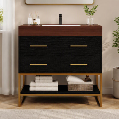 Meuble-lavabo de 36 po en pierre artificielle avec lavabo en céramique, meuble-lavabo moderne avec tiroirs à fermeture en douceur et tablettes ouvertes, meuble-lavabo autoportant avec pieds en acier inoxydable et grand espace