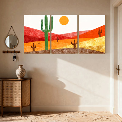 «Cactus Desert Landscape with Cactus and Sunset», ensemble de 3 impressions sur toile