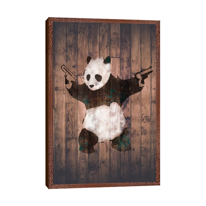 Panda With Guns - Print on Canvas, 66.04 cm H x 45.72 cm W, Brown Floater Framed
