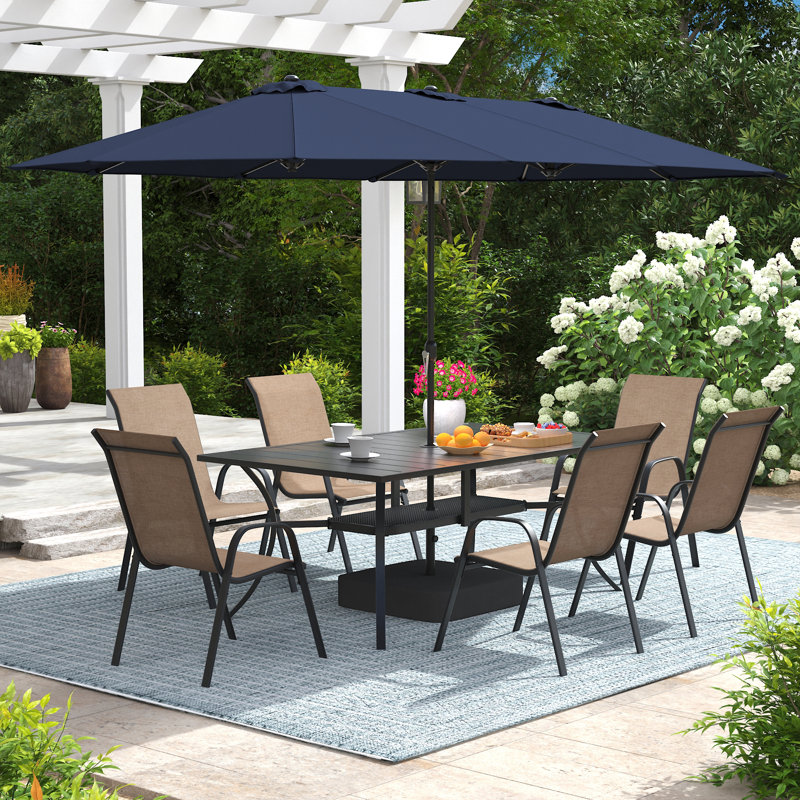 6-Person Rectangular Patio Dining Set With Umbrella & Textilene Stackable Chairs, Brun et bleu