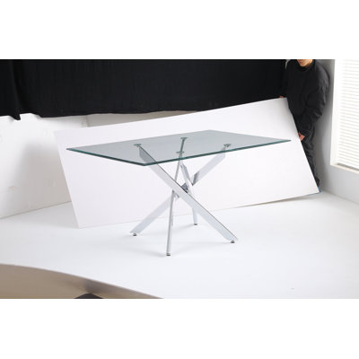 Modern Rectangular Tempered Glass Table And Silver Iron Frame
