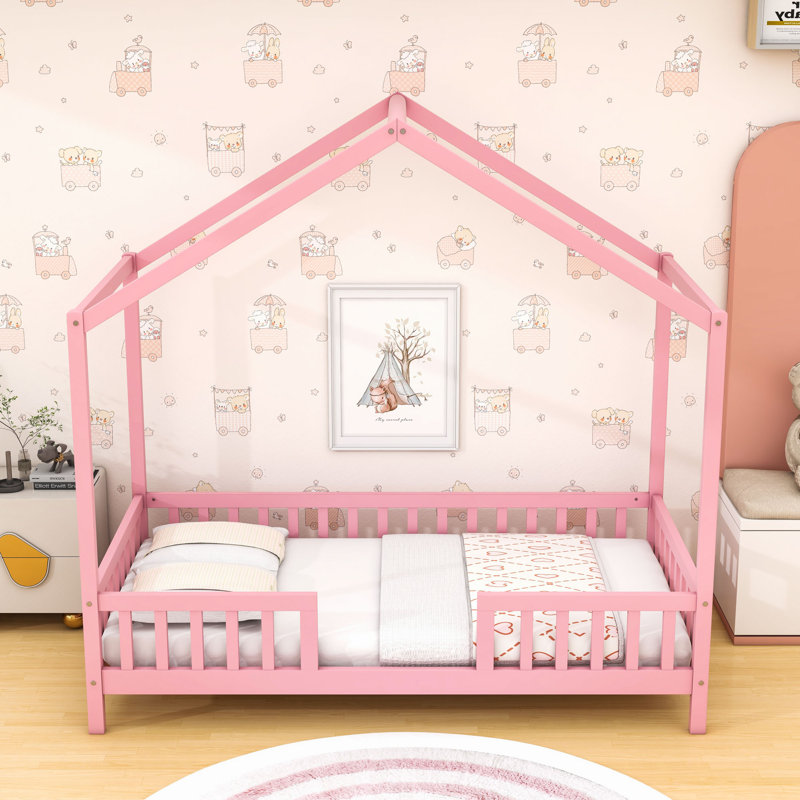 House Bed With Slats And Safety Railings, Twin, Pink