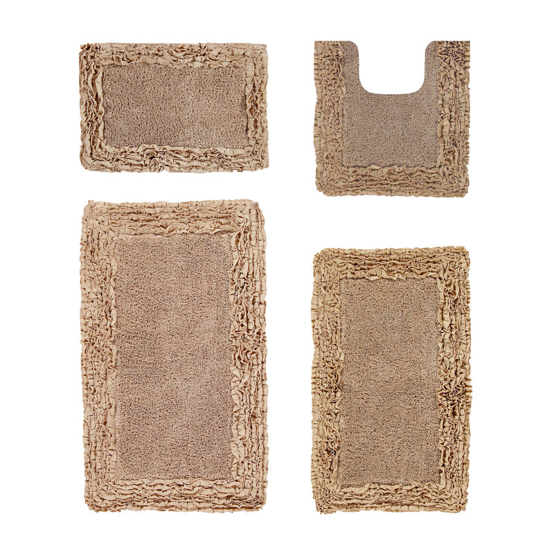 Courson Premium 100% Cotton 1775 GSM 4-Piece Bath Rug Set, OEKO-TEX® Certified, Non-Slip Spray Latex Backing, Plush Tufted Ruffle Pattern, Super Absorbent, Machine Washable Bathroom Rugs, Beige