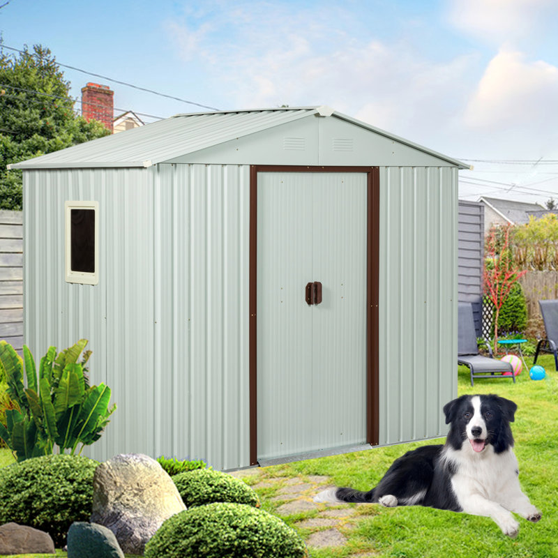 Outdoor Metal Storage Shed With Window And Metal Foundation, 74.78" H x 89" W x 46.87" D, White/Brown