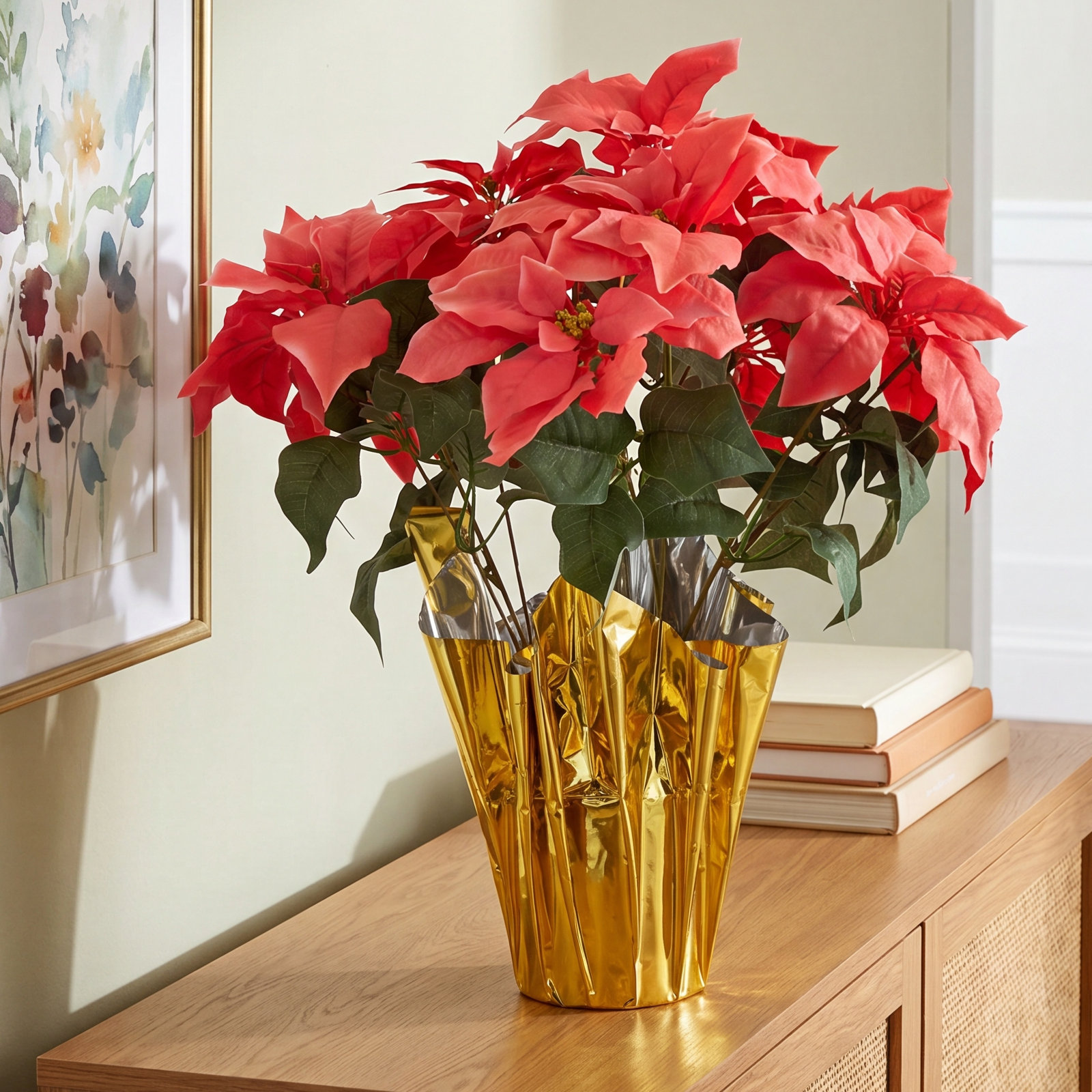 Poinsettia Floral Arrangement, 20" H x 15" W x 15" D, Pink, Gold