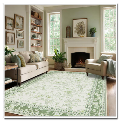 Sage Green Cream Beige 5X8 Vintage Boho Floral Rug Washable Non-Slip Carpet For Bedroom
