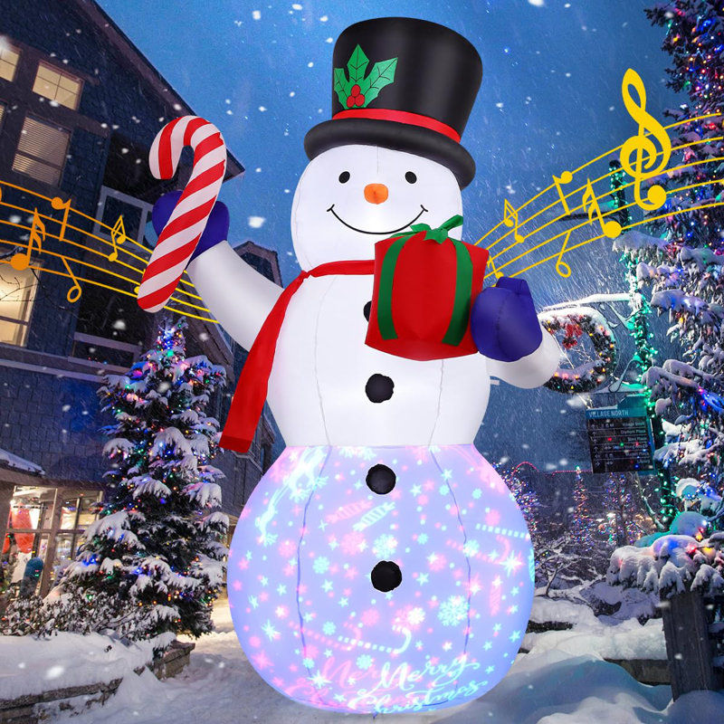 Bonhomme de neige musical éclairé à DEL de 8 pi GOOSH - lumières rotatives à 360 °, canne à sucre et boîte-cadeau