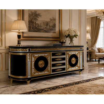 Opulent Black & Gold Baroque Buffet Cabinet With 4 Drawers & 2 Doors