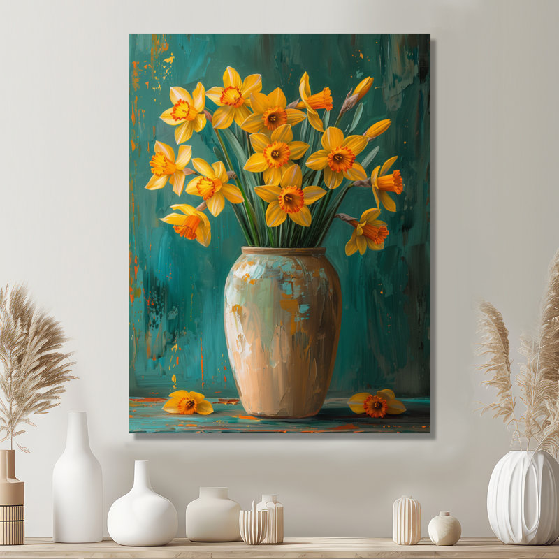 Bloom, orange, nature morte, jonquilles III - jonquilles, art mural, Toile tendue, H 12 po x l 20 po