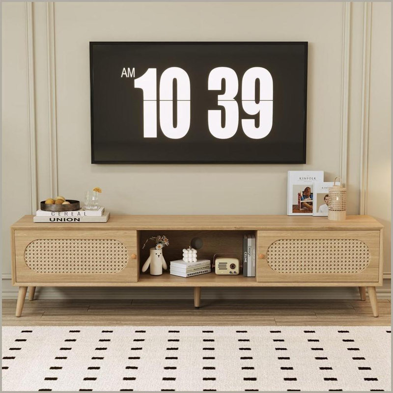 Meuble télé, console multimédia avec rangement Boho Modern Farmhouse, pour téléviseur de 80 po ou moins | Bois massif et panneau de fibres à densité moyenne | Boho