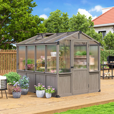 Wood Greenhouse, Outdoor Greenhouses, Greenhouse Kit, Portablee Greenhouses With Ground Nails And Automatic Temperature Control Roof Vent, Lockable Door, Polycarbonate Green House For Outside Garden Backyard