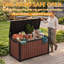 Coffre de terrasse en résine de couleur noyer cognac de 200 gallons avec fini aspect bois
