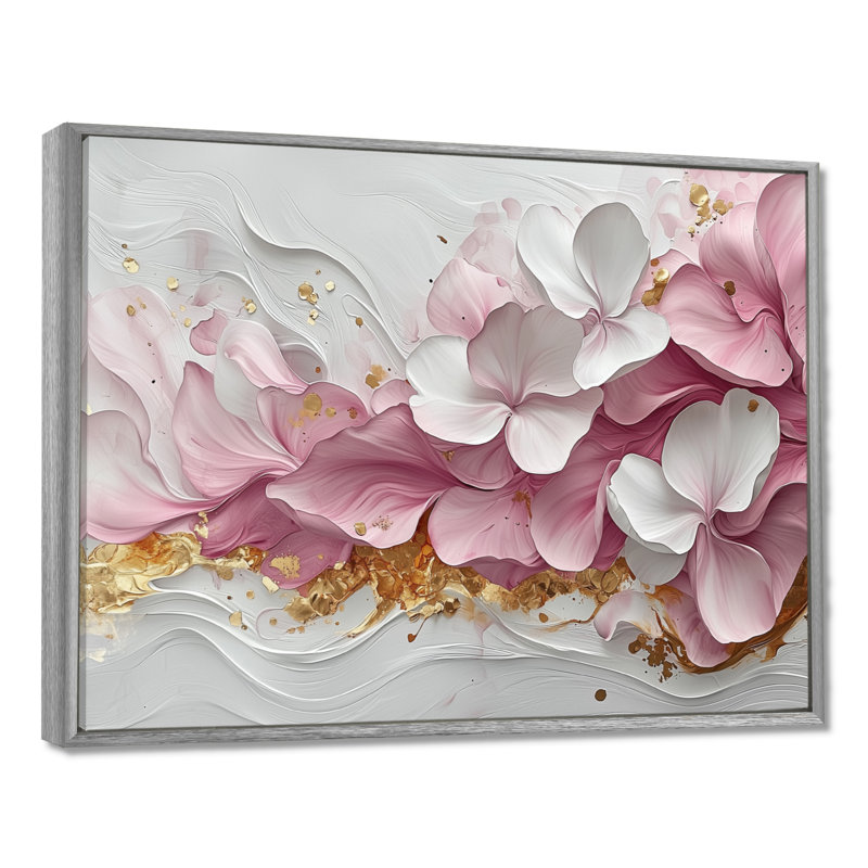 Or rose élégant veines de pétales de fleurs - art abstrait fleurs murales, H 24 po x l 32 po, Argent argent