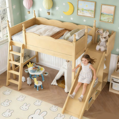 Twin Loft Bed With Slide And Storage, Solid Wood Frame With Wardrobe And Safety Guardrails, No Box Spring Needed, Pink And White Finish