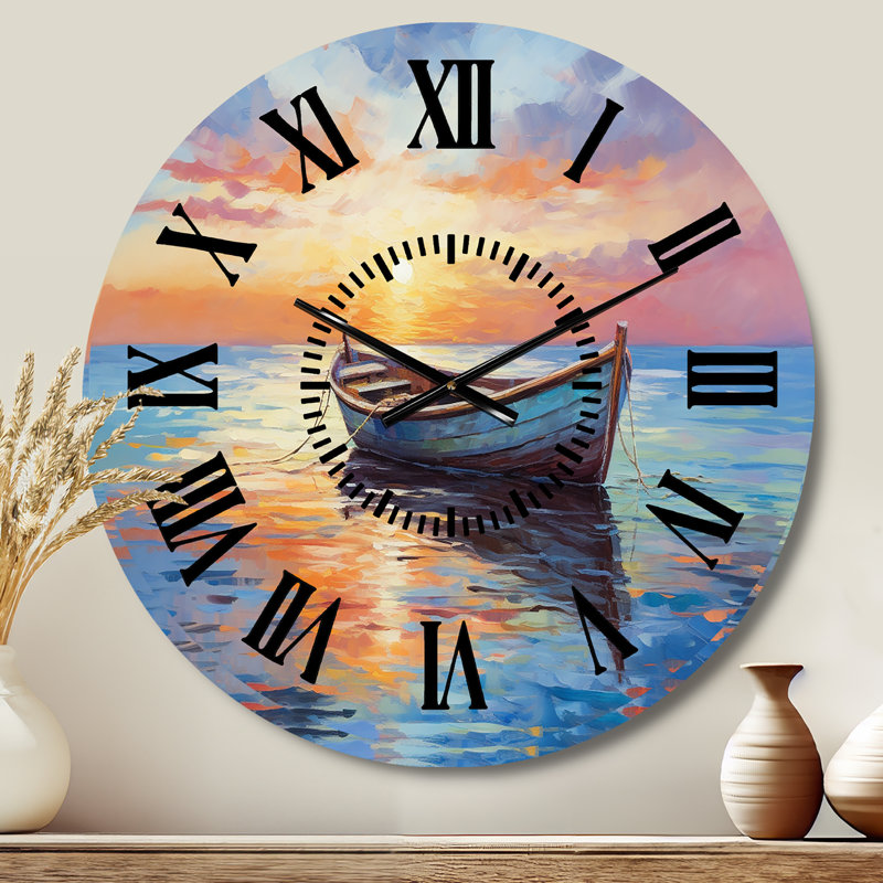 Horloge murale bateau avec impression de paysage marin I, Médium