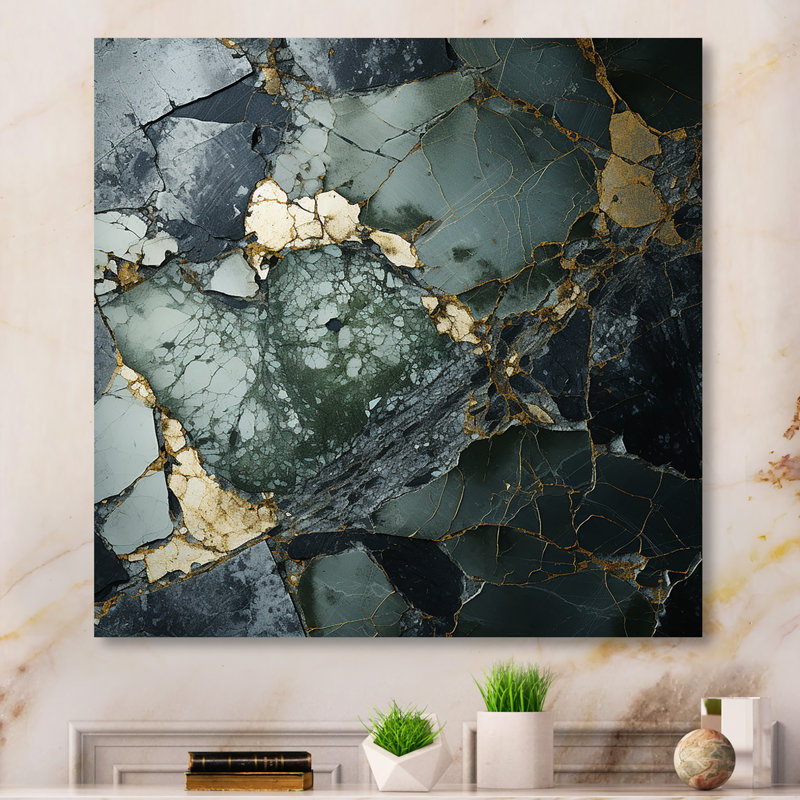 Décoration murale en marbre doré et vert Terrazzo Elegance I, Toile tendue, 16" H x 16" W