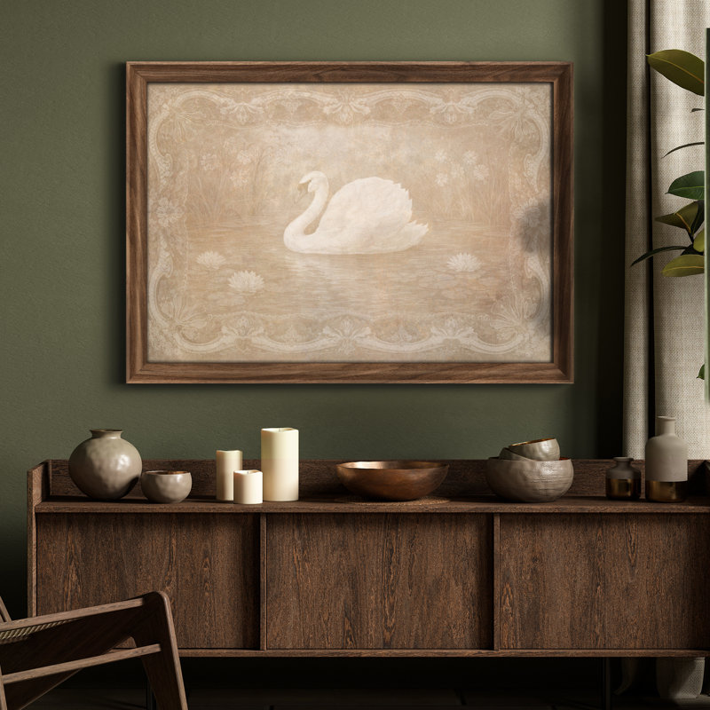 Art mural encadré 26,5 x 36 po Elegant Vintage Swan Lake, Impression encadrée sans passe-partout