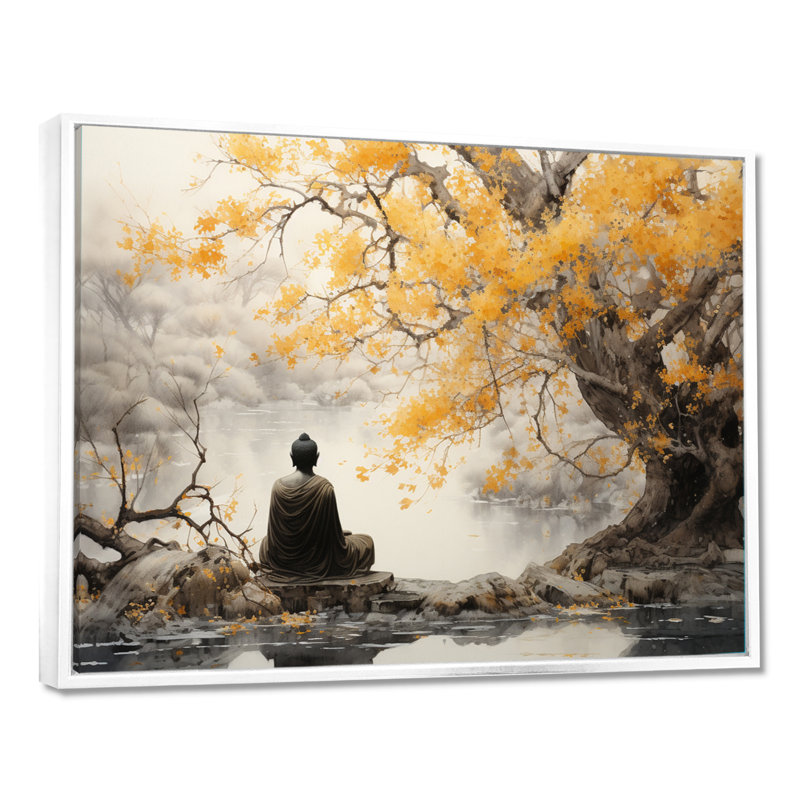 Décoration murale bouddhisme gris et jaune II - Bouddhisme, Reproduction avec cadre flottant, H 12 po x l 20 po, Blanc