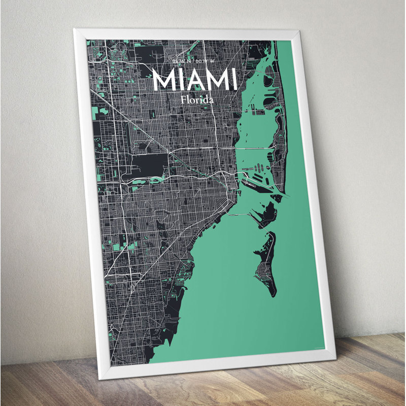 Miami City Map - Unframed Graphic Art Print on Paper, 70cm H x 50cm W x 0.13cm D, Yellow/Blue