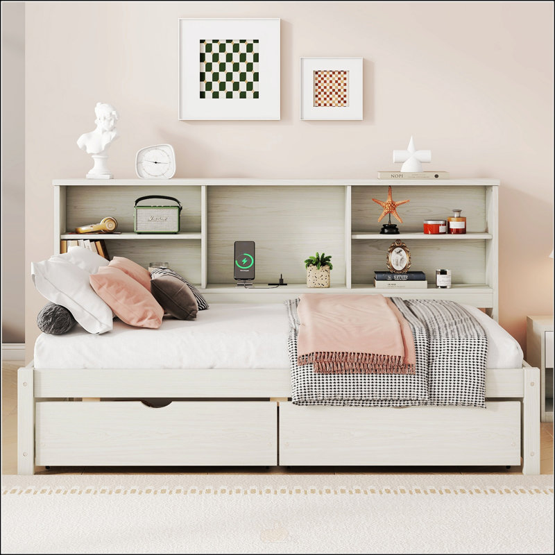 Cadre de lit simple avec tablettes latérales, Blanc crémeux