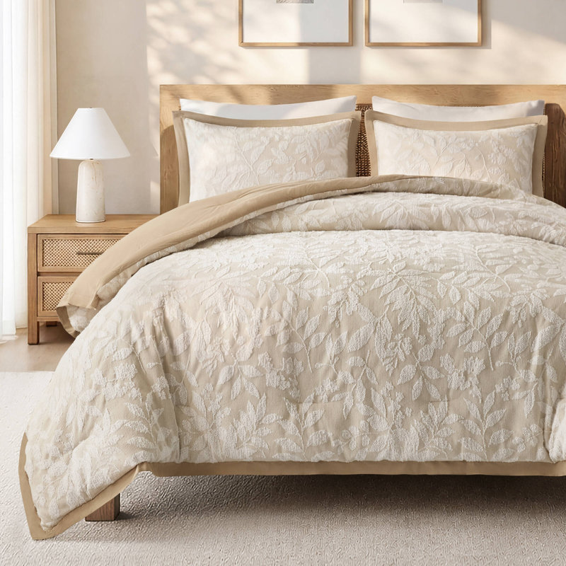 Ensemble de couette 3 pièces Solace Leaf Beige en mélange de coton, motif jacquard botanique, taille King/Cal King