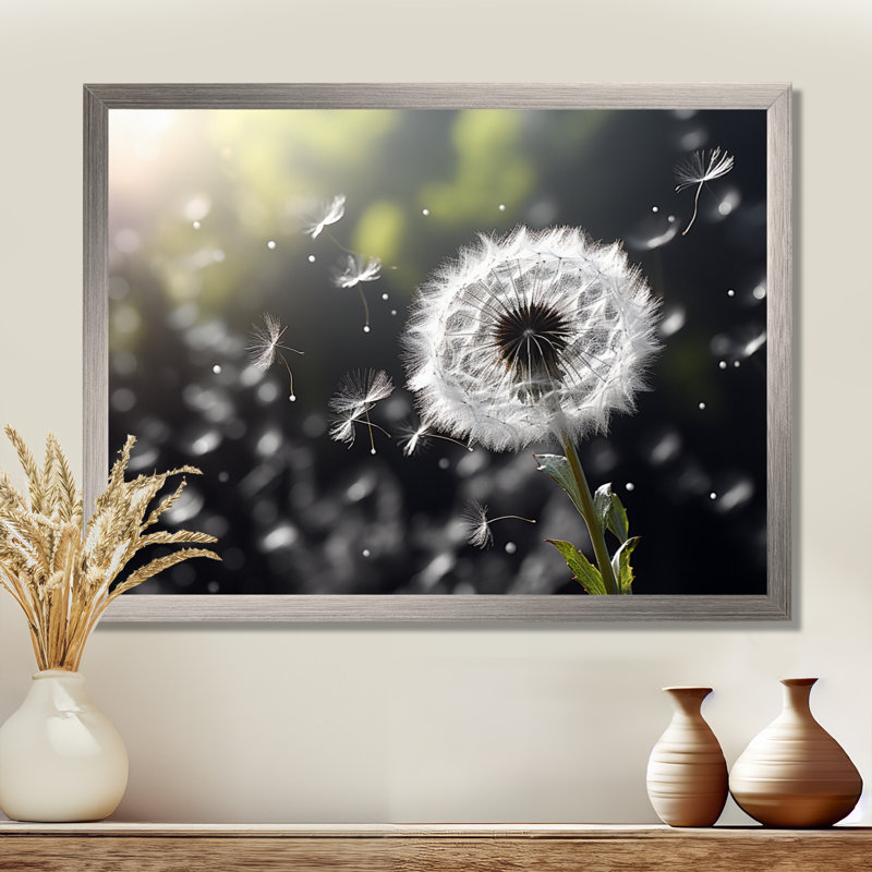 White Black Dandelion Whispers III - Floral Wall Art Living Room, H 12 po x l 20 po x P 1 po, Cadre naturel flottant