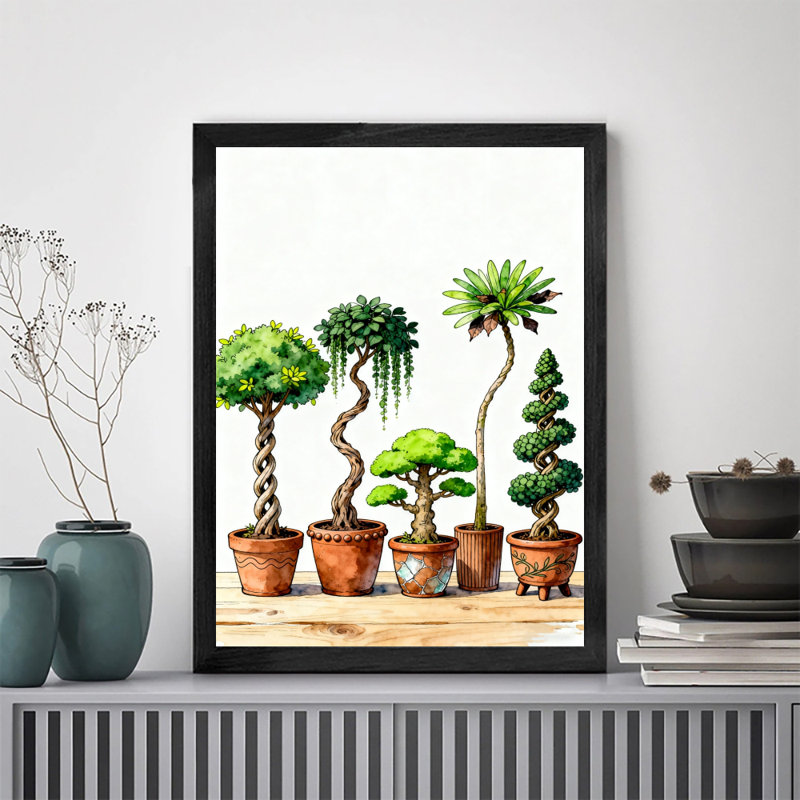 Reproduction d'art encadré noir avec quatre plantes de bonsaï de différentes formes, H 17 po x l 13 po