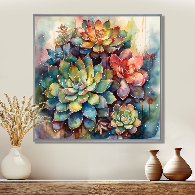 Rylinn vert rouge cactus paysage IV - art mural cactus, H 36 po x l 36 po, Encadrement argenté