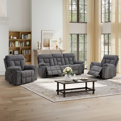 3-Piece Modern Microfiber Reclining Living Room Set With Two Oversize Power Lift Assist Chairs & Manual Sofa
